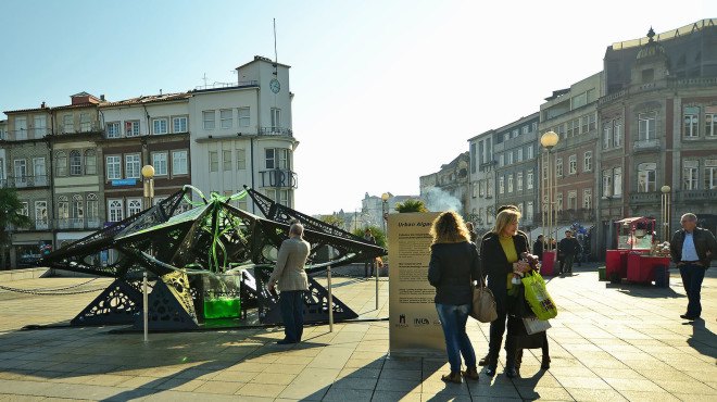 urban algae folly, algae architecture, biodigital algae structure, Praça da República, Braga, Praça da República urban algae folly, algae structure, algae folly produces protein equivalent of a cow, ecoLogic Studio algae