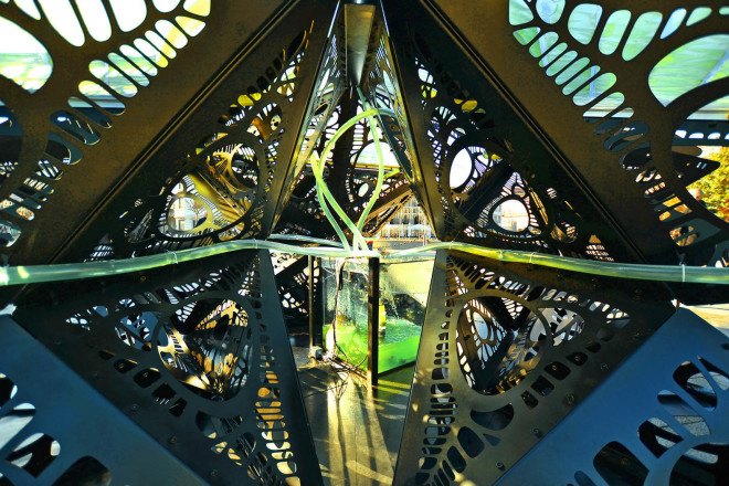 urban algae folly, algae architecture, biodigital algae structure, Praça da República, Braga, Praça da República urban algae folly, algae structure, algae folly produces protein equivalent of a cow, ecoLogic Studio algae