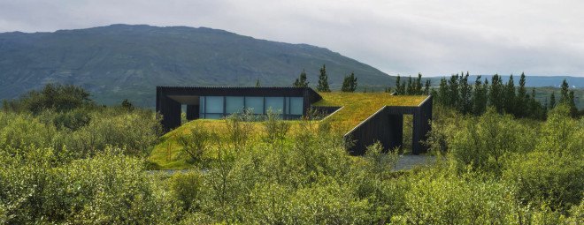 green roof, green architecture, vacation cottage, cottage, PK Arkitektar, geothermal energy, Iceland, underground architecture, concrete, low maintenance