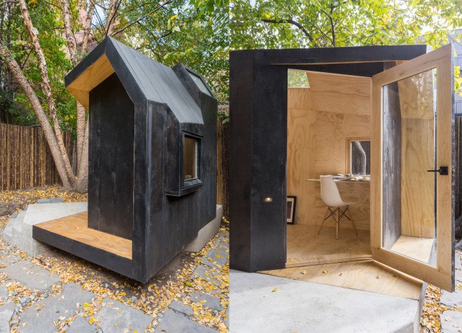 Architensions, Writing Pavilion, writer’s studio, Writing Pavilion by Architensions, Brooklyn, Brooklyn writer’s studio, art studio, plywood, black stained cedar, natural light, skylight, glazed door,