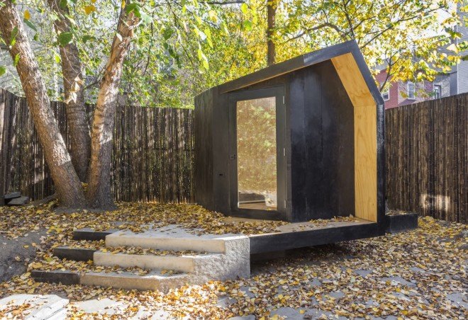 Architensions, Writing Pavilion, writer’s studio, Writing Pavilion by Architensions, Brooklyn, Brooklyn writer’s studio, art studio, plywood, black stained cedar, natural light, skylight, glazed door,