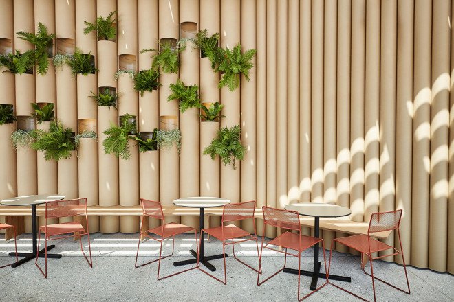 Foolscap Studio, Lendlease, The Streets of Barangaroo, Sydney, pop-up, pop-up spaces, cardboard tubes, green installation, temporary spaces, green wall, urban garden, landscaped seating, community space, Wulugul Pop Up