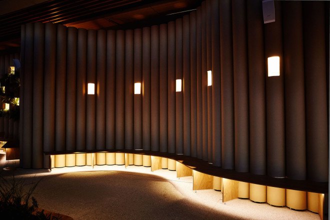 Foolscap Studio, Lendlease, The Streets of Barangaroo, Sydney, pop-up, pop-up spaces, cardboard tubes, green installation, temporary spaces, green wall, urban garden, landscaped seating, community space, Wulugul Pop Up