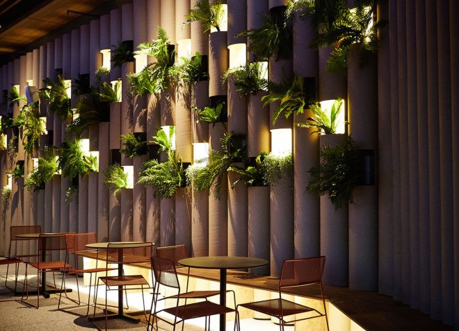 Foolscap Studio, Lendlease, The Streets of Barangaroo, Sydney, pop-up, pop-up spaces, cardboard tubes, green installation, temporary spaces, green wall, urban garden, landscaped seating, community space, Wulugul Pop Up