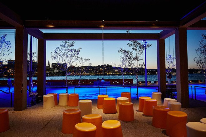 Foolscap Studio, Lendlease, The Streets of Barangaroo, Sydney, pop-up, pop-up spaces, cardboard tubes, green installation, temporary spaces, green wall, urban garden, landscaped seating, community space, Wulugul Pop Up