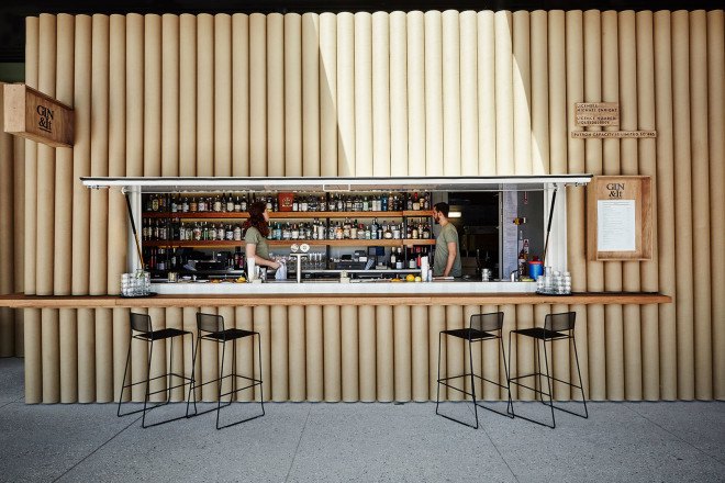 Foolscap Studio, Lendlease, The Streets of Barangaroo, Sydney, pop-up, pop-up spaces, cardboard tubes, green installation, temporary spaces, green wall, urban garden, landscaped seating, community space, Wulugul Pop Up