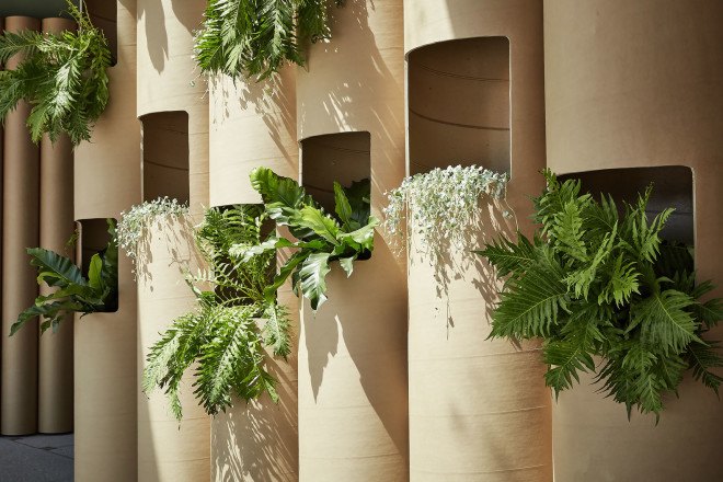 Foolscap Studio, Lendlease, The Streets of Barangaroo, Sydney, pop-up, pop-up spaces, cardboard tubes, green installation, temporary spaces, green wall, urban garden, landscaped seating, community space, Wulugul Pop Up