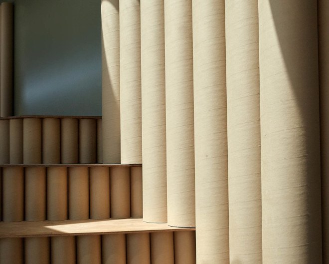 Foolscap Studio, Lendlease, The Streets of Barangaroo, Sydney, pop-up, pop-up spaces, cardboard tubes, green installation, temporary spaces, green wall, urban garden, landscaped seating, community space, Wulugul Pop Up