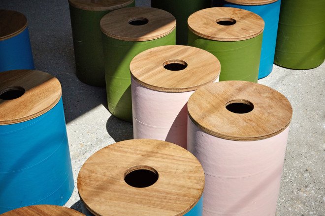 Foolscap Studio, Lendlease, The Streets of Barangaroo, Sydney, pop-up, pop-up spaces, cardboard tubes, green installation, temporary spaces, green wall, urban garden, landscaped seating, community space, Wulugul Pop Up