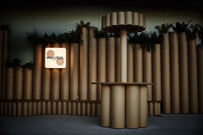 Foolscap Studio, Lendlease, The Streets of Barangaroo, Sydney, pop-up, pop-up spaces, cardboard tubes, green installation, temporary spaces, green wall, urban garden, landscaped seating, community space, Wulugul Pop Up