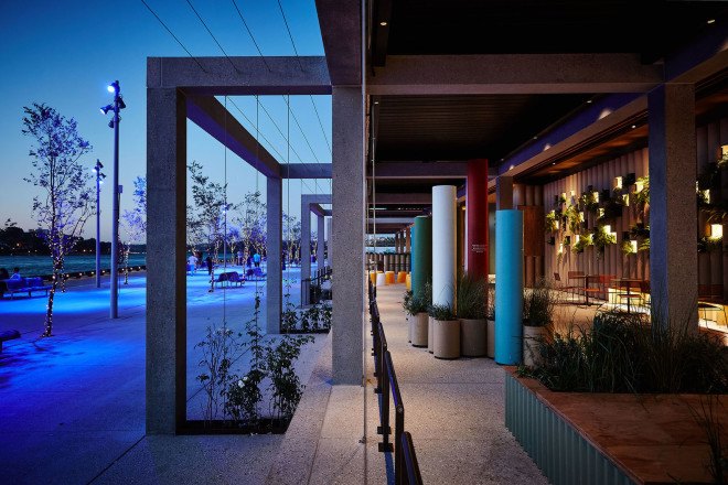 Foolscap Studio, Lendlease, The Streets of Barangaroo, Sydney, pop-up, pop-up spaces, cardboard tubes, green installation, temporary spaces, green wall, urban garden, landscaped seating, community space, Wulugul Pop Up