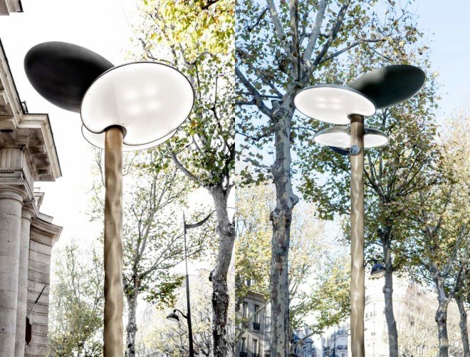 Mathieu Lehanneur, paris, solar streetlamp, streetlamp, wooden furniture, led lamps, LEDs, phone chargers, paris climate talks