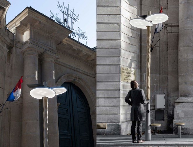 Mathieu Lehanneur, paris, solar streetlamp, streetlamp, wooden furniture, led lamps, LEDs, phone chargers, paris climate talks