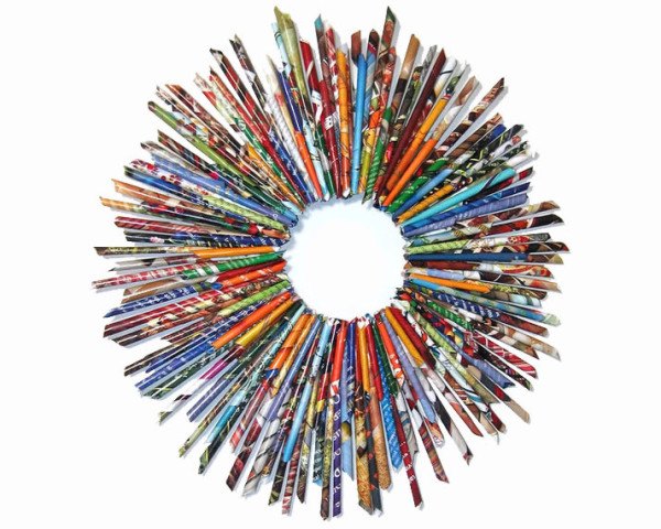 necktie wreath, magazine wreath, christmas light wreath, light wreath, Christmas wreath, holiday wreath, recycled wreath, upcycled wreath, wrapping paper wreath, cork wreath,