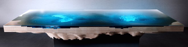 Duffy London, Christopher Duffy, Abyss Table, Abyss Table by Duffy London, fsc-certified wood, handmade furniture, green furniture, ethically sourced materials, forest stewardship council wood, glass and wood table, ocean-like table,