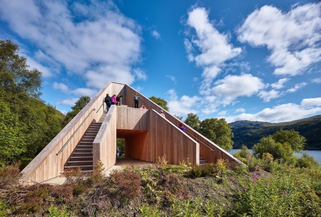 An Ceann Mor, An Ceann Mor at Loch Lomond, An Ceann Mor by BTE Architecture, BTE Architecture, viewpoint, viewing platform, Scotland, Scottish architecture, art installation, wooden viewpoint, pyramid structure, timber viewing platform, Scottish Scenic Routes