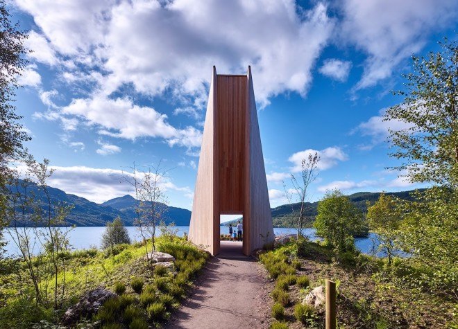 An Ceann Mor, An Ceann Mor at Loch Lomond, An Ceann Mor by BTE Architecture, BTE Architecture, viewpoint, viewing platform, Scotland, Scottish architecture, art installation, wooden viewpoint, pyramid structure, timber viewing platform, Scottish Scenic Routes