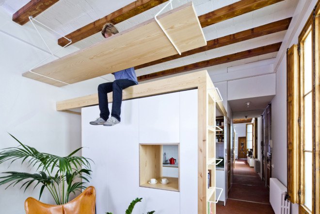 Playful renovation, Barcelona, tiny home, interiors, Anna and Eugeni Bach, home renovation, open plan space, natural light, surprising details,