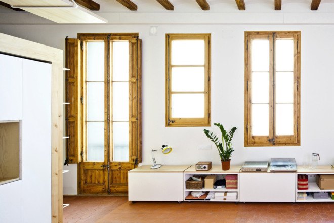 Playful renovation, Barcelona, tiny home, interiors, Anna and Eugeni Bach, home renovation, open plan space, natural light, surprising details,