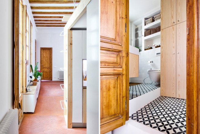 Playful renovation, Barcelona, tiny home, interiors, Anna and Eugeni Bach, home renovation, open plan space, natural light, surprising details,