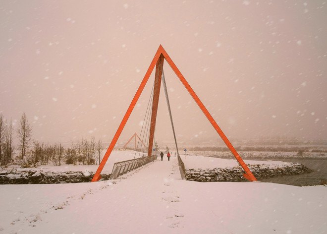 Teiknistofan Tröð, Geirsnef peninsula, bicycle bridge, pedestrian bridge, land art, Elliðaár’s estuary, Elliðaár, Iceland, Reykjavík, LEDs, pyramidal bridge, Bridges by Teiknistofan Tröð