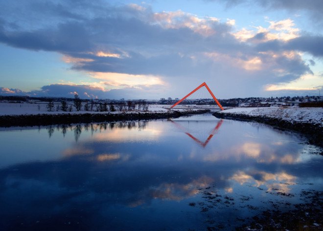 Teiknistofan Tröð, Geirsnef peninsula, bicycle bridge, pedestrian bridge, land art, Elliðaár’s estuary, Elliðaár, Iceland, Reykjavík, LEDs, pyramidal bridge, Bridges by Teiknistofan Tröð