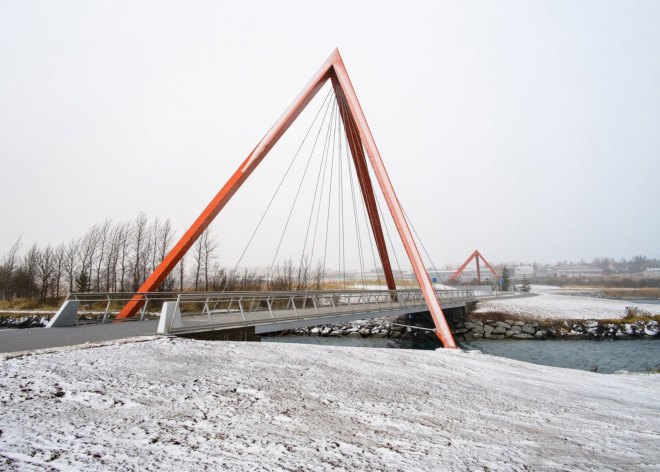 Teiknistofan Tröð, Geirsnef peninsula, bicycle bridge, pedestrian bridge, land art, Elliðaár’s estuary, Elliðaár, Iceland, Reykjavík, LEDs, pyramidal bridge, Bridges by Teiknistofan Tröð