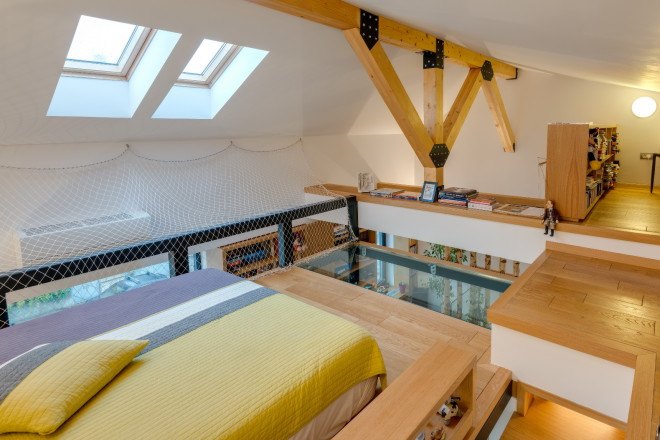 loft bedroom, in situ, ion popusoi, bucharest loft, bucharest architecture, loft architecture, loft design, modern loft, glass flooring, skylight