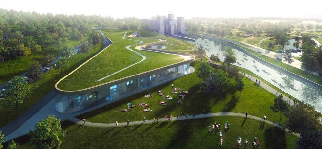 LEED Gold, Peterborough Lift Lock, Canadian Canoe Museum, Canadian Canoe Museum by Heneghan Peng Architects, Heneghan Peng Architects, Kearns Mancini Architects, canoe museum, green roof, green roofed museum, Trent-Severn canal, LEED gold museum, geothermal heating and cooling, geothermal energy, native plants, edible garden, edible garden green roof