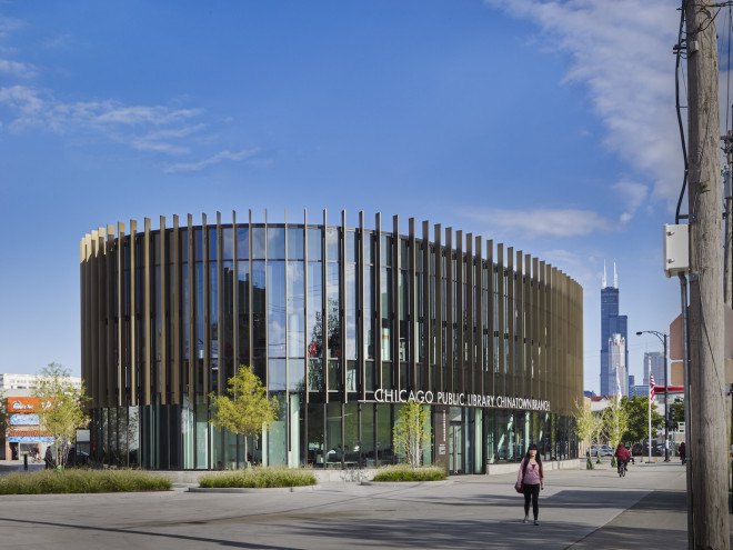 SOM, SOM architecture, Chicago Public Library project by SOM, SOM Chicago architecture, Chinatown Branch Library, Chinatown Branch Library by SOM, LEED Gold library, LEED Gold, LEED Gold Chicago architecture, Chicago Chinatown architecture, Wight & Co., Chicago green roof, solar shading fins,