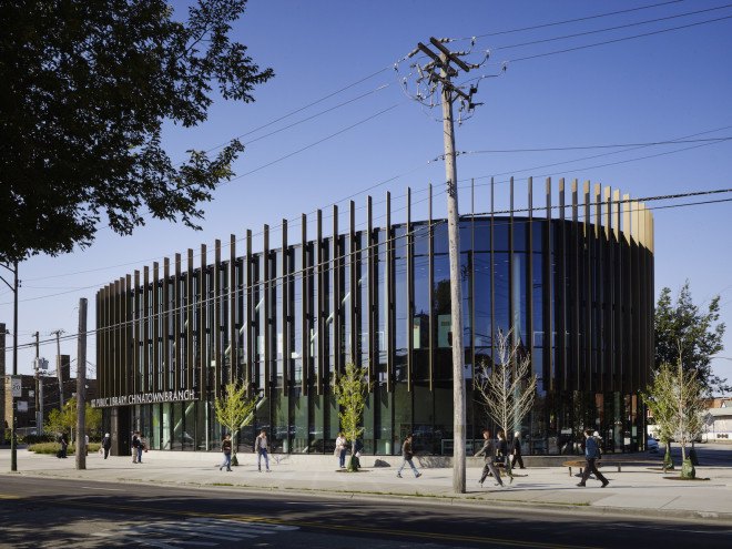 SOM, SOM architecture, Chicago Public Library project by SOM, SOM Chicago architecture, Chinatown Branch Library, Chinatown Branch Library by SOM, LEED Gold library, LEED Gold, LEED Gold Chicago architecture, Chicago Chinatown architecture, Wight & Co., Chicago green roof, solar shading fins,