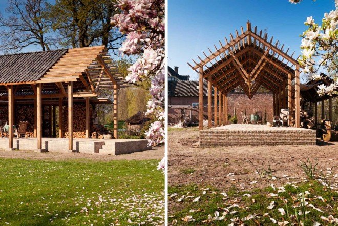 DeBossa, timber pavilion, indoor/outdoor space, split-level shelter, Dutch Mansion, The Netherlands, Eindhoven, Brabants Landschap, firewood storage, gable roof pavilion,