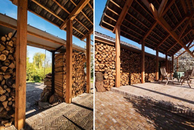 DeBossa, timber pavilion, indoor/outdoor space, split-level shelter, Dutch Mansion, The Netherlands, Eindhoven, Brabants Landschap, firewood storage, gable roof pavilion,