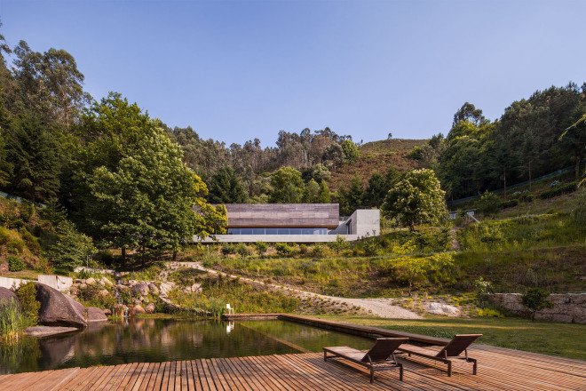 Gerês House, Carvalho Araújo, Portugal, green architecture, concrete house, timber facade, swimming pool, wooden mezzanine, natural light