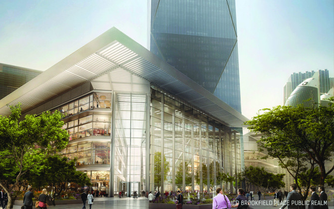 ICD Brookfield Place, Foster + Partners, Dubai, public plaza, atrium space, LEED Gold, green skyscraper, Dubai Design District, Burj Khalifa, world's tallest building, glass facade