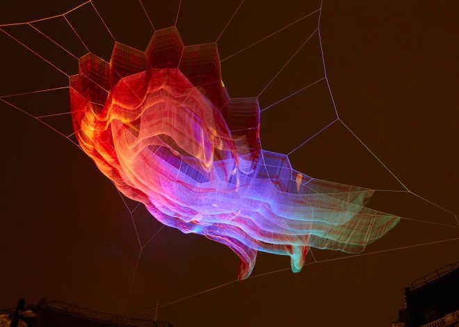 janet echelman, aerial sculptures, light sculptures, 1.8, 2011 japan earthquake, japanese earthquake, tohoku earthquake, tsunami wave heights, computer assisted design, interactive art, lumiere london, london