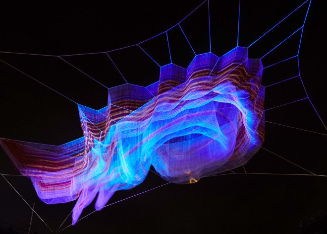 janet echelman, aerial sculptures, light sculptures, 1.8, 2011 japan earthquake, japanese earthquake, tohoku earthquake, tsunami wave heights, computer assisted design, interactive art, lumiere london, london