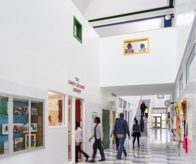 P.S. 62, Staten Island, Roger Duffy, SOM, P.S. 62 by SOM, Kathleen Grimm School of Leadership and Sustainability, Kathleen Grimm School of Leadership and Sustainability by SOM, net-zero energy, net-zero school, net-zero school NYC, net-zero elementary school, NYC first net zero school, NYC School Construction Authority, solar panels, geothermal energy, wind turbine,
