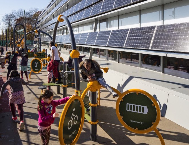 P.S. 62, Staten Island, Roger Duffy, SOM, P.S. 62 by SOM, Kathleen Grimm School of Leadership and Sustainability, Kathleen Grimm School of Leadership and Sustainability by SOM, net-zero energy, net-zero school, net-zero school NYC, net-zero elementary school, NYC first net zero school, NYC School Construction Authority, solar panels, geothermal energy, wind turbine,