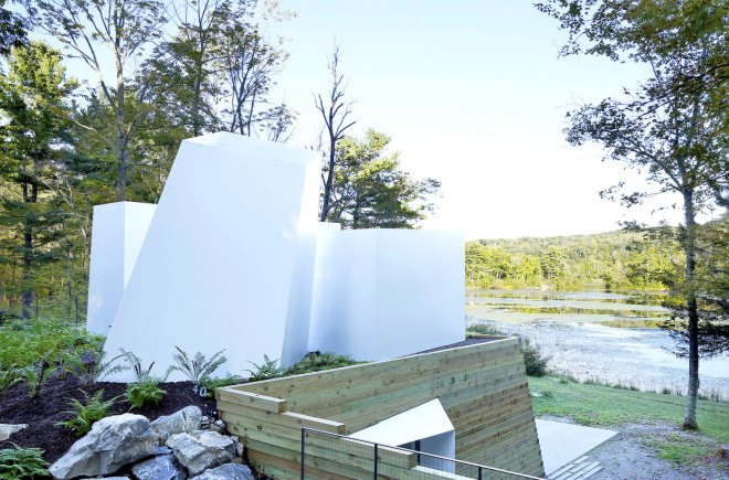 Lake house, Taylor and Miller Architecture and Design, timber wall, retaining wall, abstract design, green architecture, Massachusetts, skylights, natural light