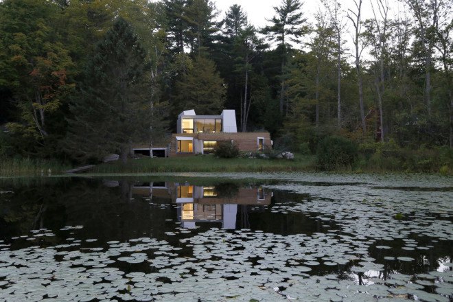 Lake house, Taylor and Miller Architecture and Design, timber wall, retaining wall, abstract design, green architecture, Massachusetts, skylights, natural light