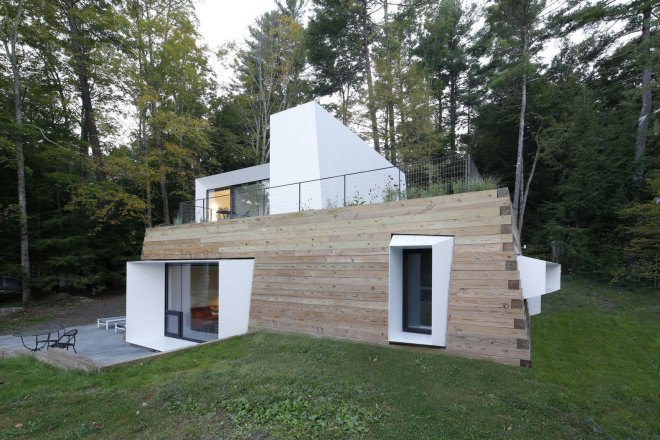Lake house, Taylor and Miller Architecture and Design, timber wall, retaining wall, abstract design, green architecture, Massachusetts, skylights, natural light