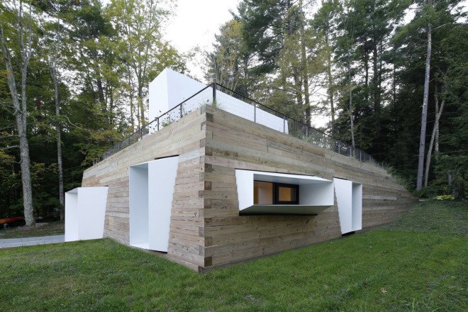 Lake house, Taylor and Miller Architecture and Design, timber wall, retaining wall, abstract design, green architecture, Massachusetts, skylights, natural light