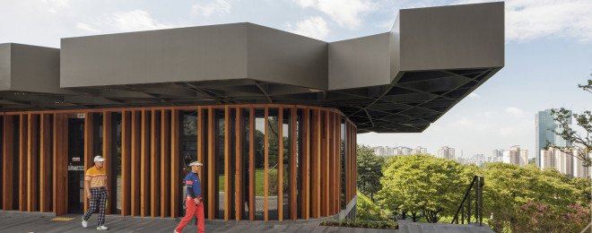 Taekwang Country Club, Taekwang Country Club Café, Mecanoo, golf course, green architecture, canopy, steel roof, natural light