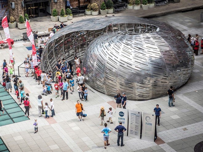 Orbit Pavilion, NASA Orbit Pavilion, NASA Orbit Pavilion by STUDIOKCA, STUDIOKCA, CNC-milled mirror panels, NASA, NASA art, NASA satellite art, NASA art installation, World Science Festival, Shane Myrbeck, NASA Jet Propulsion Laboratory, Jason Klimoski, Lesley Chang, waterjet-cut aluminum,