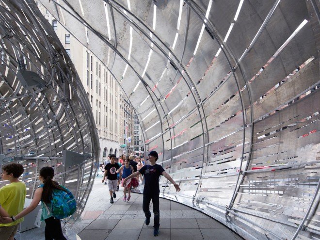 Orbit Pavilion, NASA Orbit Pavilion, NASA Orbit Pavilion by STUDIOKCA, STUDIOKCA, CNC-milled mirror panels, NASA, NASA art, NASA satellite art, NASA art installation, World Science Festival, Shane Myrbeck, NASA Jet Propulsion Laboratory, Jason Klimoski, Lesley Chang, waterjet-cut aluminum,