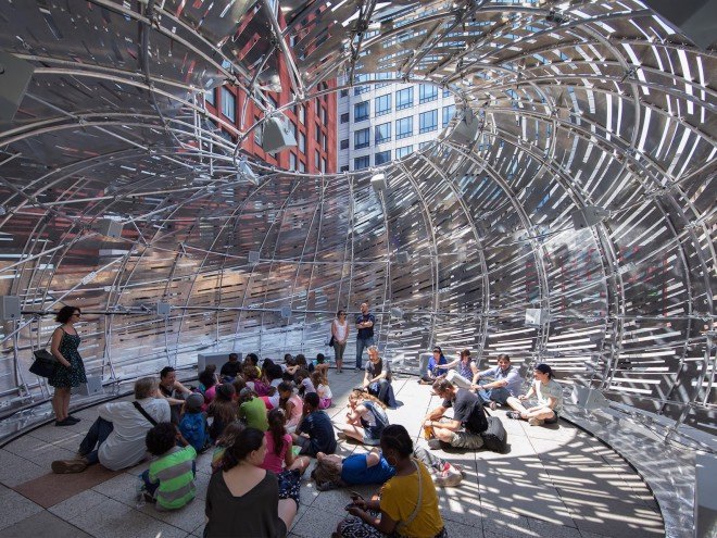 Orbit Pavilion, NASA Orbit Pavilion, NASA Orbit Pavilion by STUDIOKCA, STUDIOKCA, CNC-milled mirror panels, NASA, NASA art, NASA satellite art, NASA art installation, World Science Festival, Shane Myrbeck, NASA Jet Propulsion Laboratory, Jason Klimoski, Lesley Chang, waterjet-cut aluminum,