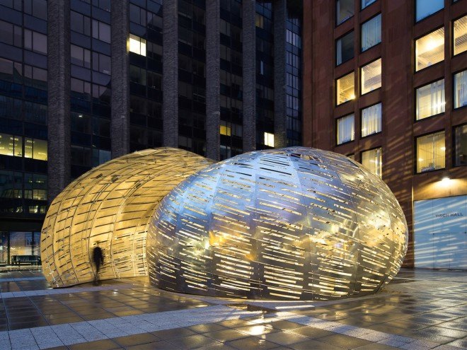 Orbit Pavilion, NASA Orbit Pavilion, NASA Orbit Pavilion by STUDIOKCA, STUDIOKCA, CNC-milled mirror panels, NASA, NASA art, NASA satellite art, NASA art installation, World Science Festival, Shane Myrbeck, NASA Jet Propulsion Laboratory, Jason Klimoski, Lesley Chang, waterjet-cut aluminum,