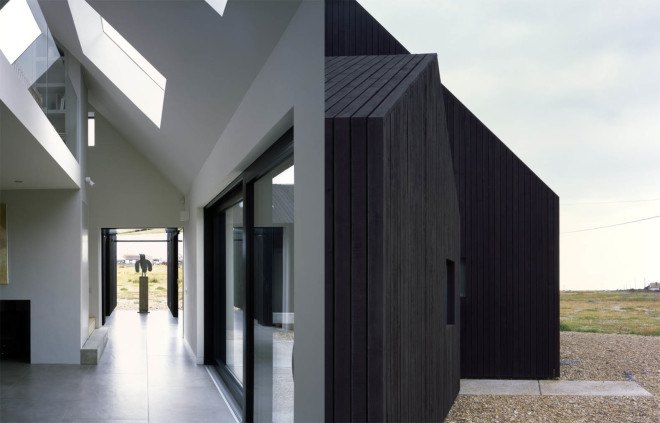 Dungeness, black-stained timber, black cabins, glazed corridor, Rodić Davidson Architects, North Vat, North Vat by Rodić Davidson Architects, skylights, larch cabin, black stained larch, Kent,
