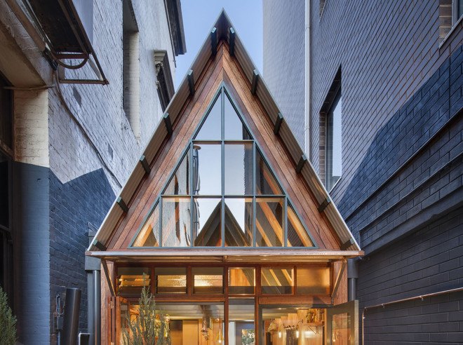 Pink Moon Saloon, Adelaide, Australia, bar and restaurant design, timber building, wooden houses, locally sourced wood, Australian wood, natural light, inner courtyard